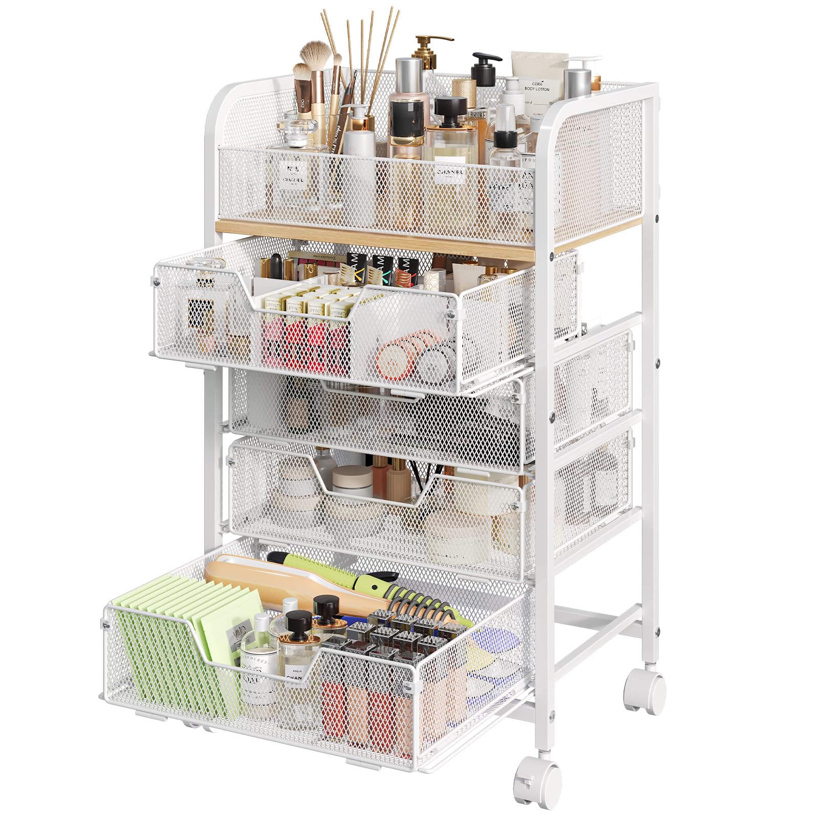 Hongtamoya carrito de maquillaje con 4 cajones blanco, ideal para ordenar cosméticos.