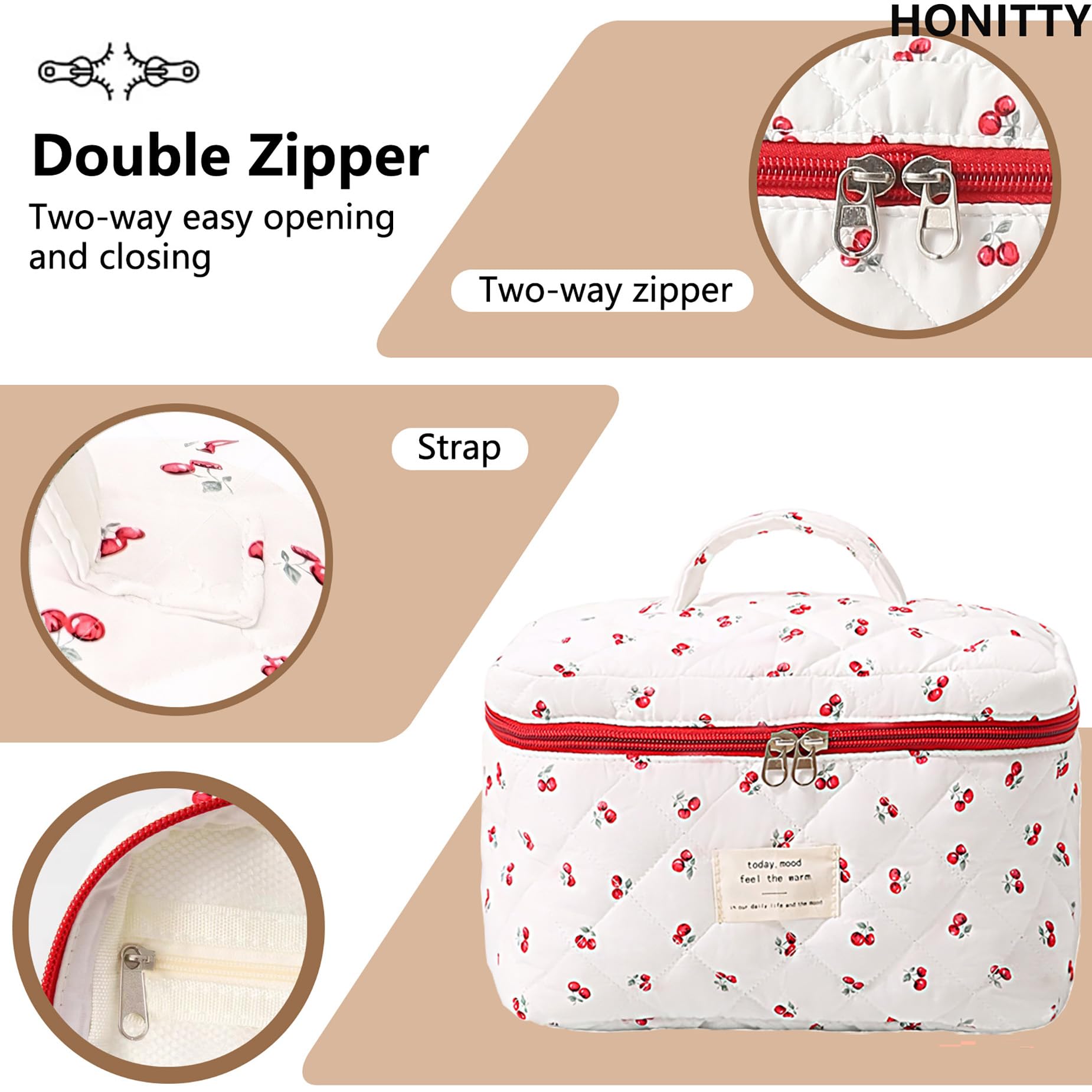 bolsa honitty acolchada, cierre suave y duradero para uso diario.