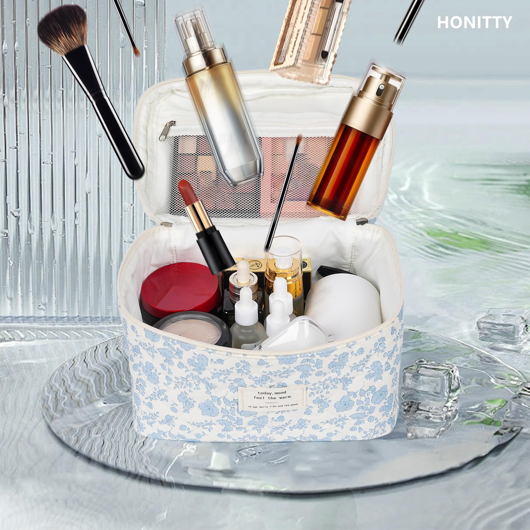 Honitty bolsa maquillaje cierre suave, cremallera mejorada para acceso rápido.