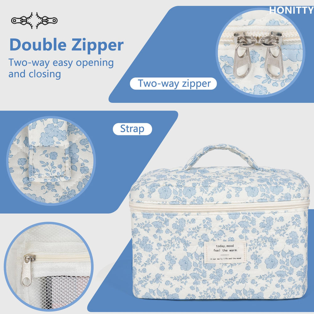 Honitty bolsa maquillaje durabilidad material, tela resistente y fácil de limpiar para años de uso.