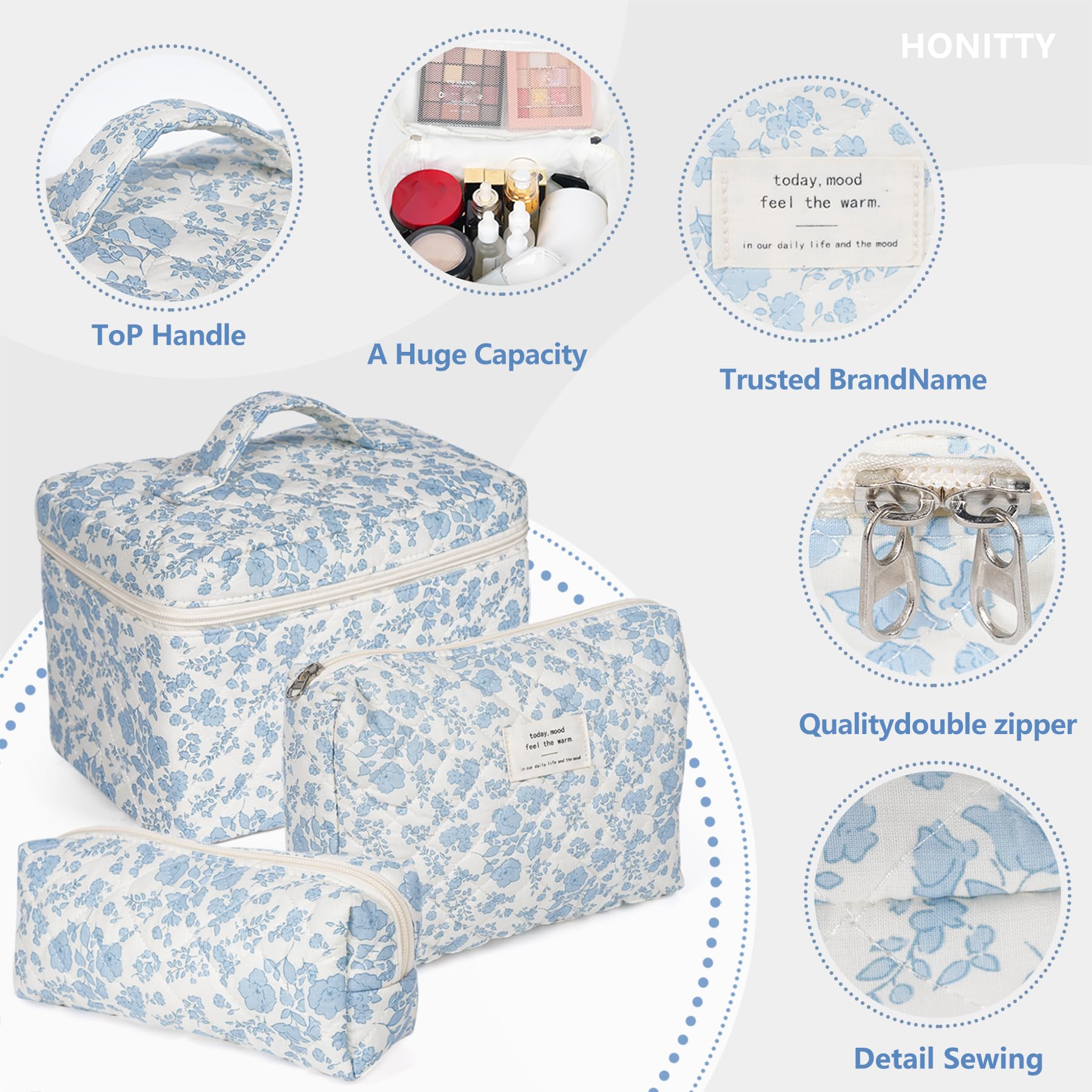 Honitty bolsa maquillaje floral acolchada, detalle de cremallera suave para uso diario.