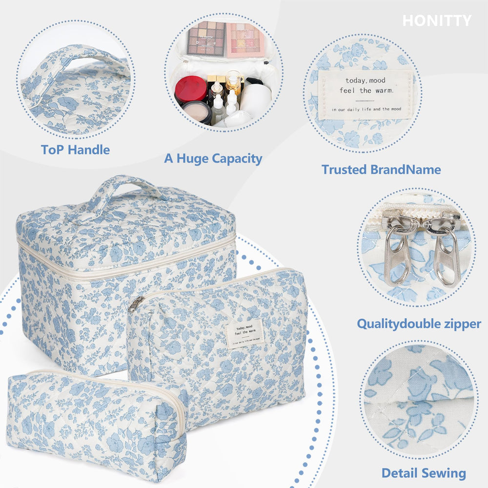 Honitty bolsa maquillaje floral acolchada, detalle de cremallera suave para uso diario.