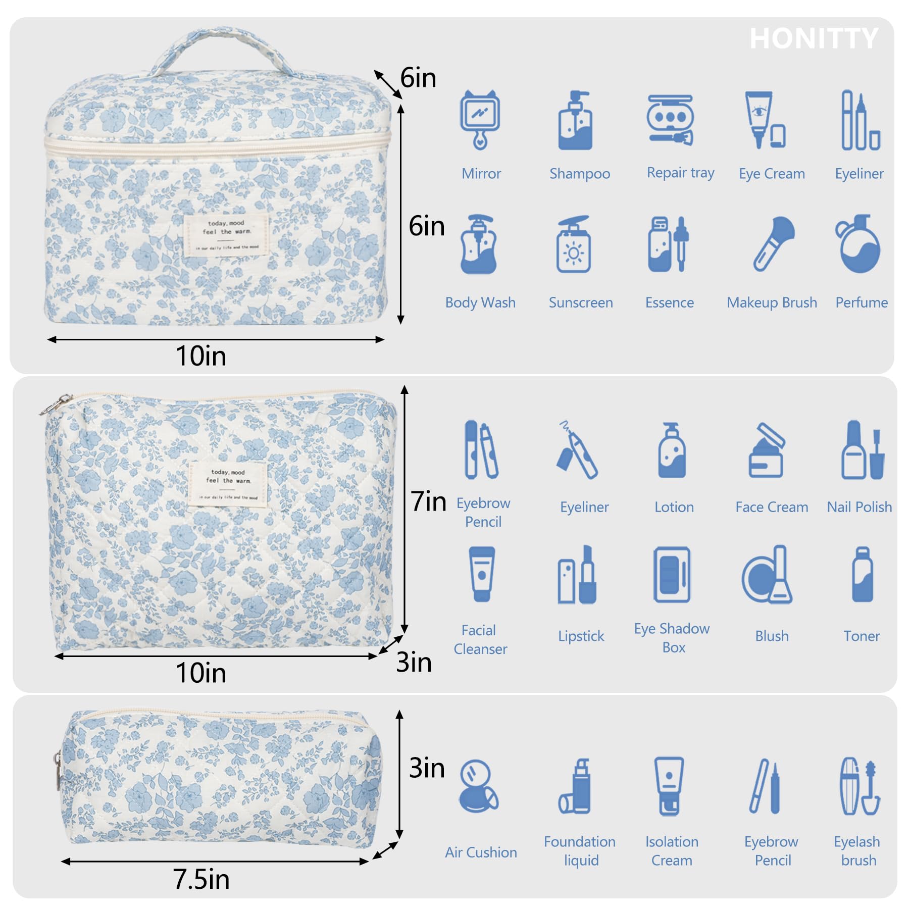 Conjunto Honitty de bolsas maquillaje acolchadas en tres tamaños para ordenar en casa y en viaje.