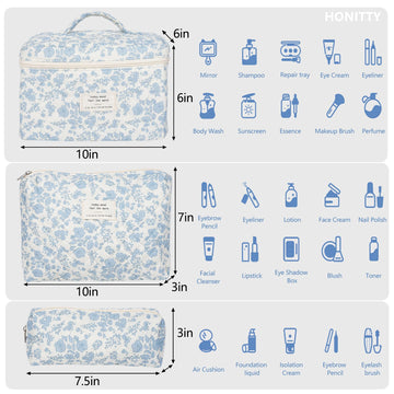 Conjunto Honitty de bolsas maquillaje acolchadas en tres tamaños para ordenar en casa y en viaje.