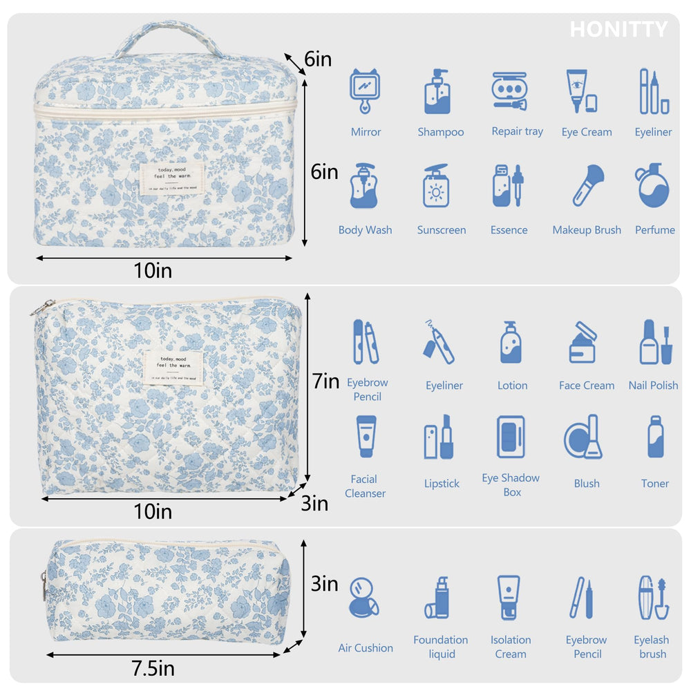 Conjunto Honitty de bolsas maquillaje acolchadas en tres tamaños para ordenar en casa y en viaje.