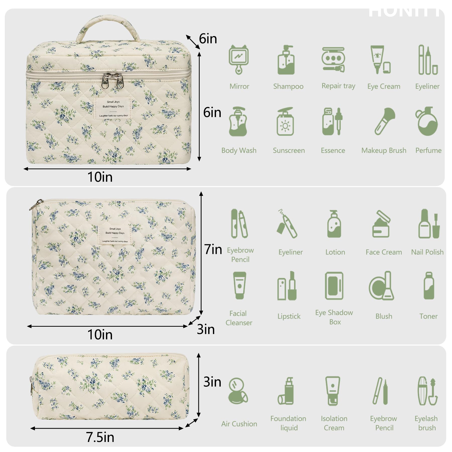 Honitty conjunto de 3 bolsos de maquillaje con tamaños diferentes para ordenar artículos.