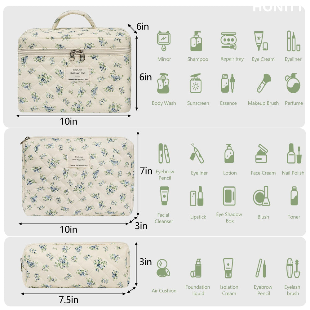 Honitty conjunto de 3 bolsos de maquillaje con tamaños diferentes para ordenar artículos.