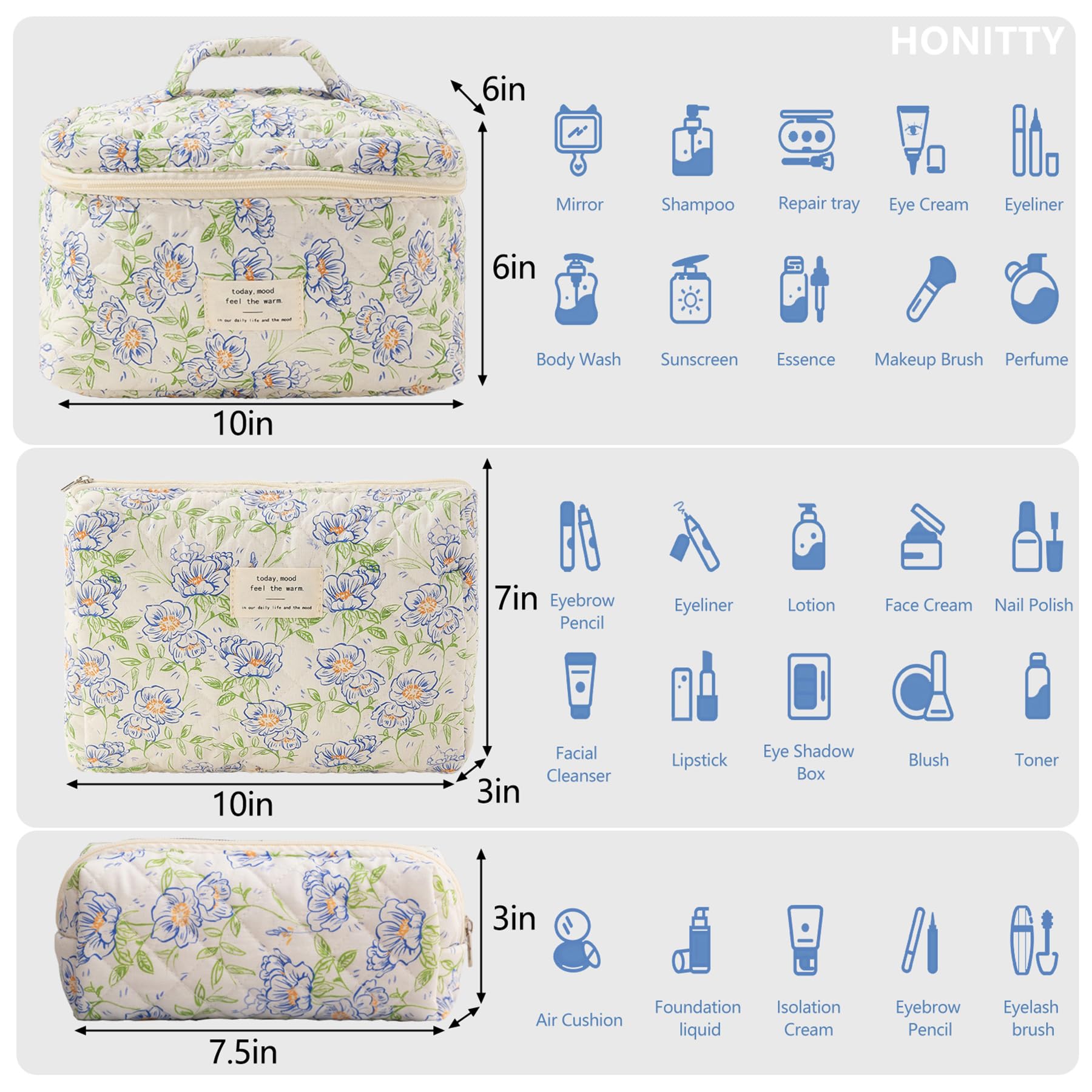 Conjunto Honitty de tres bolsas para ordenar maquillaje y accesorios en viaje.