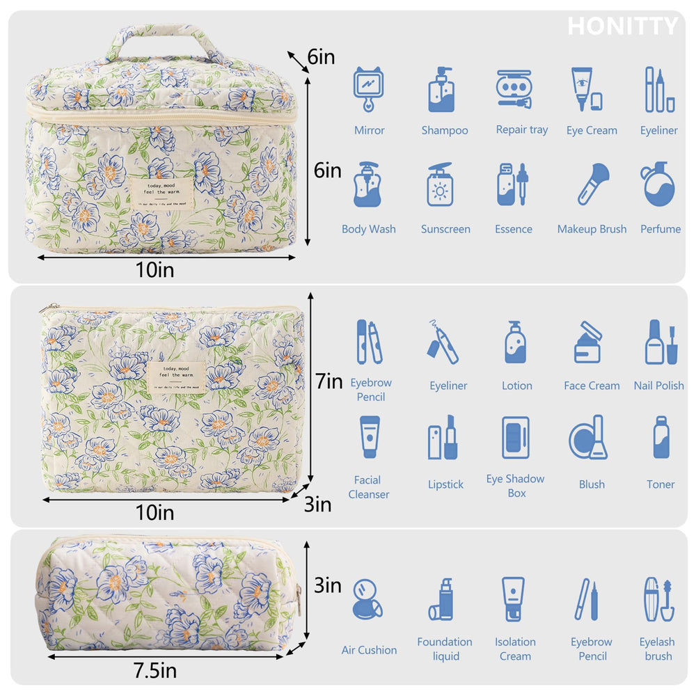 Conjunto Honitty de tres bolsas para ordenar maquillaje y accesorios en viaje.