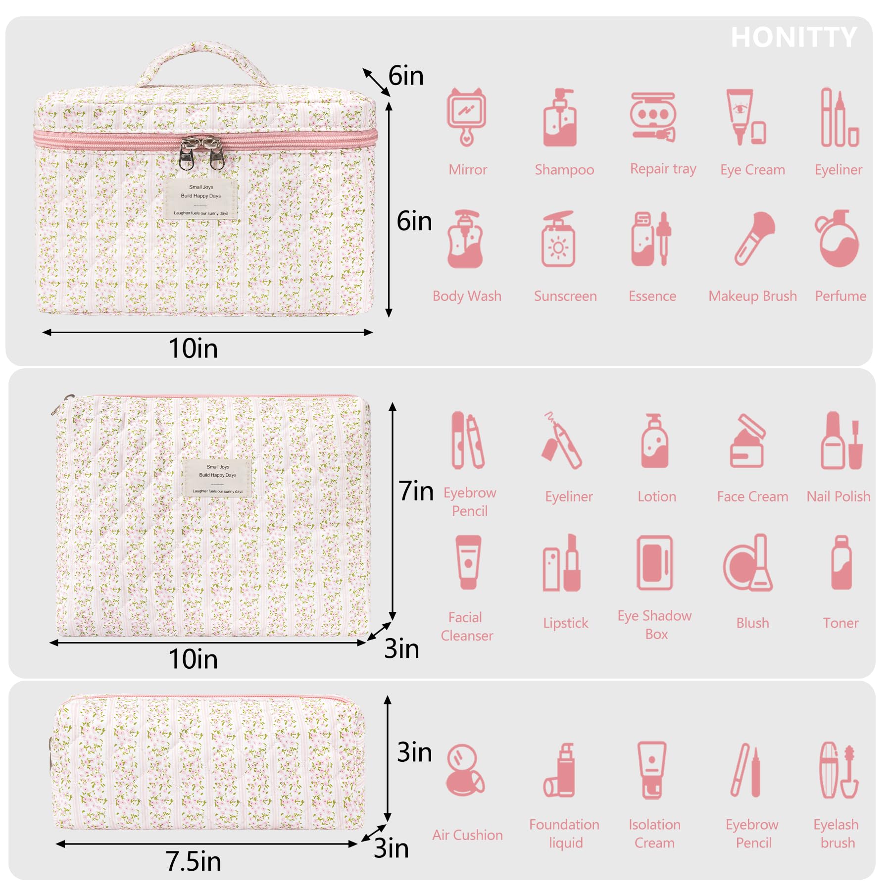 Honitty kit de bolsas de maquillaje 3 piezas para viajes y organización.