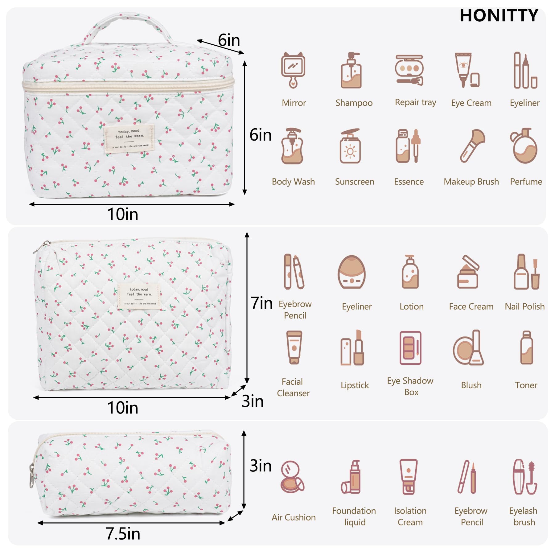Honitty kit de bolsas de maquillaje en tres tamaños para mantener productos organizados.