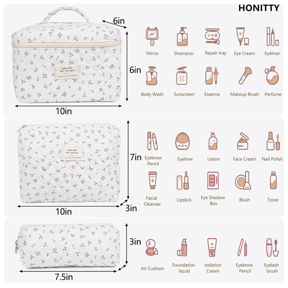 Honitty kit de bolsas de maquillaje en tres tamaños para mantener productos organizados.