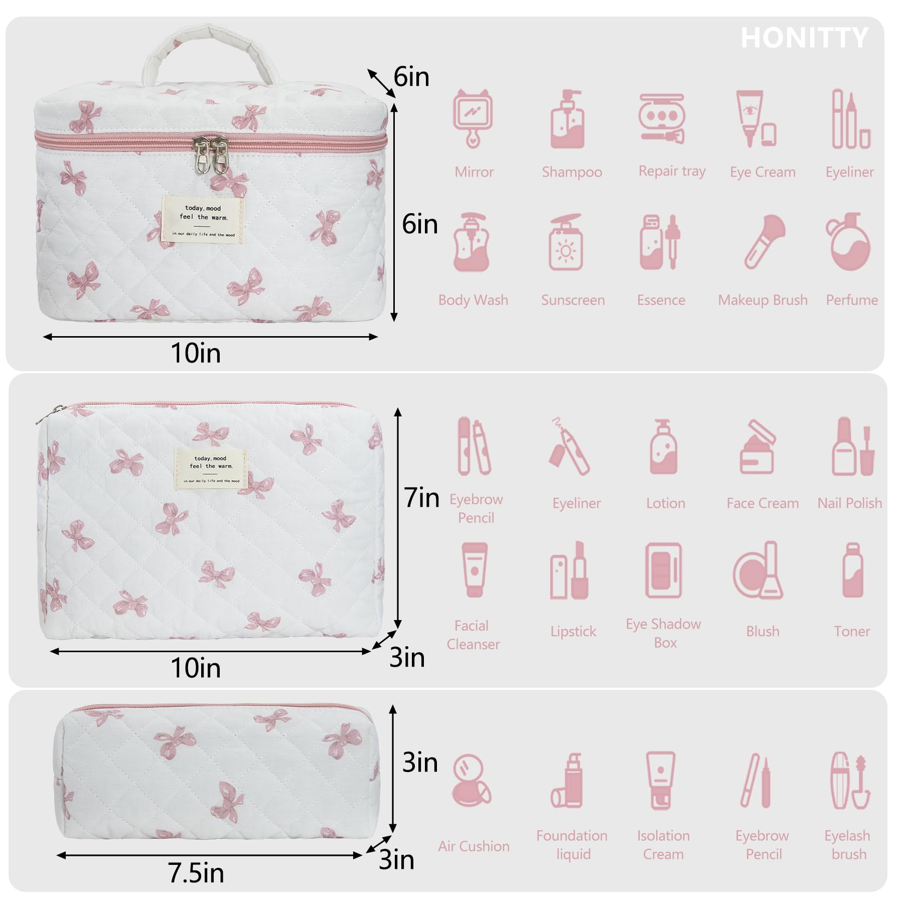 Kit Honitty de maquillaje con tres tamaños para organizar cosmeticos.