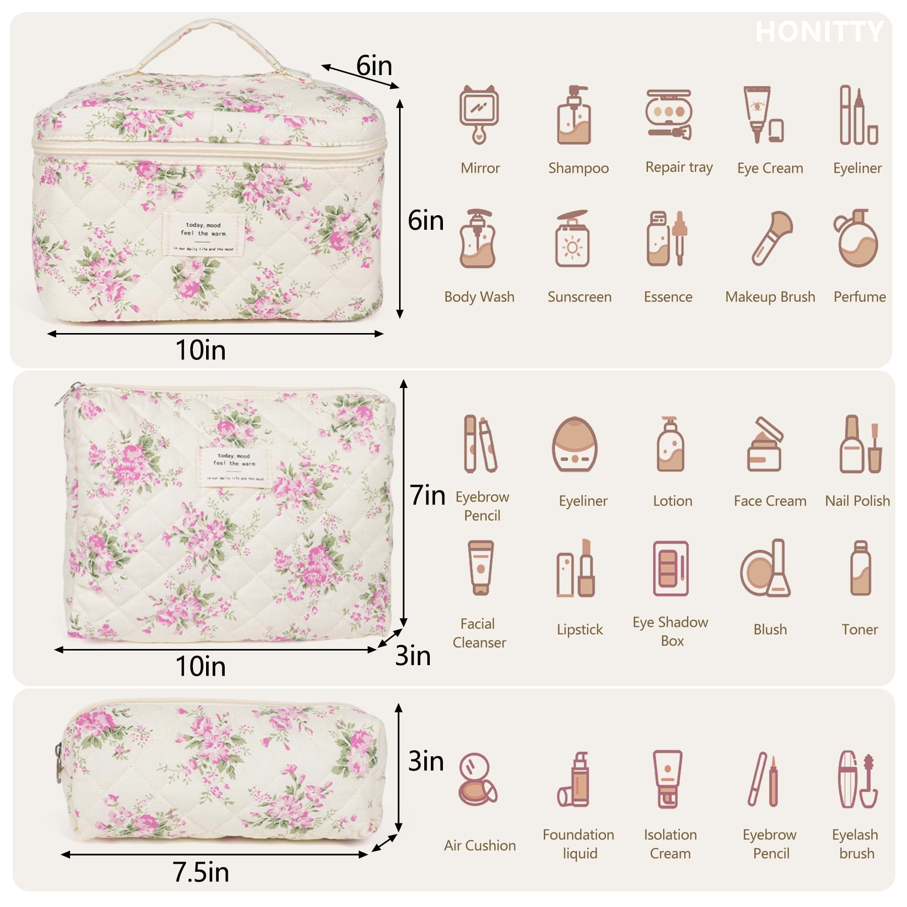 Honitty neceser maquillaje floral mediano, perfecto para organización diaria.