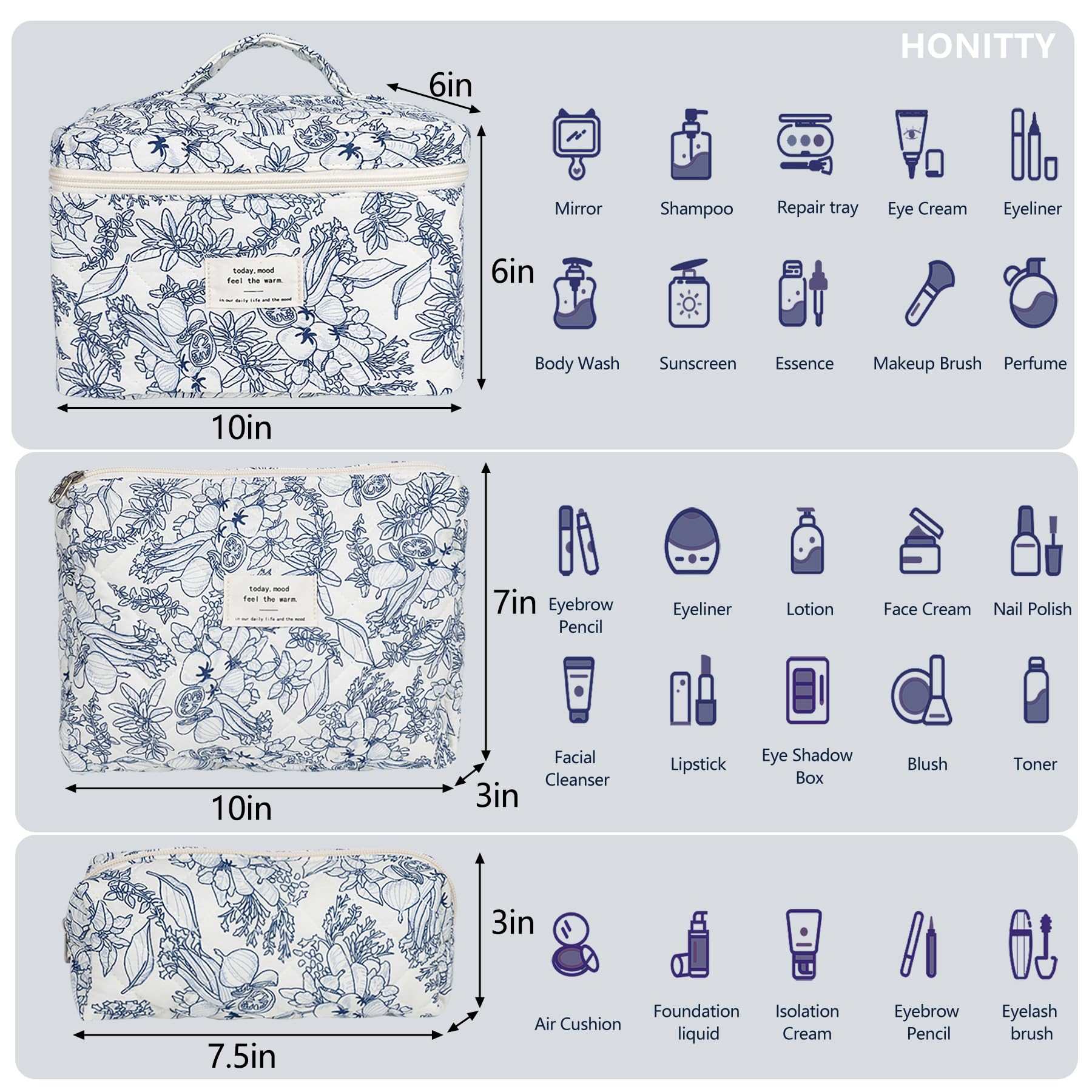 Honitty juego de tres bolsas de maquillaje con diferentes tallas para ordenar productos.