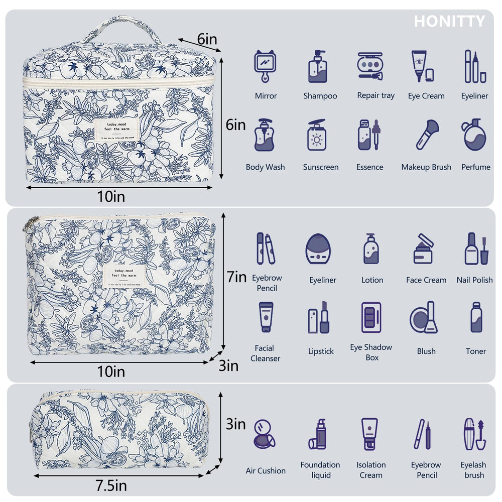 Honitty juego de tres bolsas de maquillaje con diferentes tallas para ordenar productos.