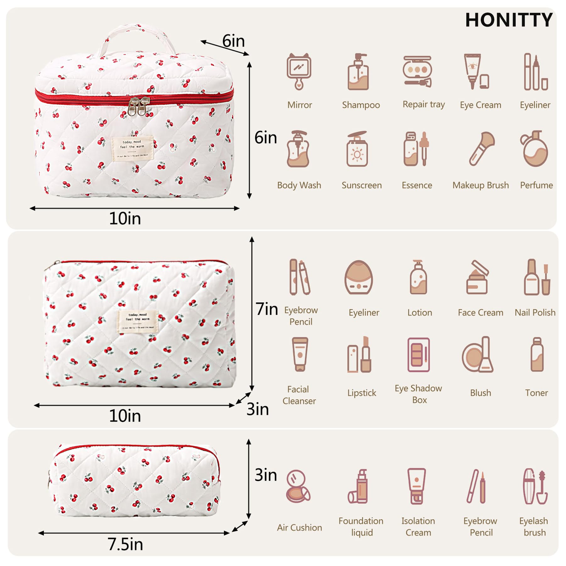 conjunto de tres bolsas honitty, tamaños diferentes para cosméticos y accesorios.