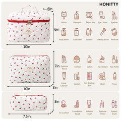 conjunto de tres bolsas honitty, tamaños diferentes para cosméticos y accesorios.
