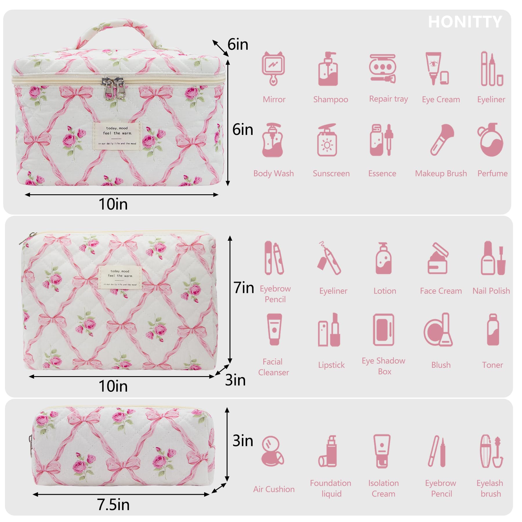 honitty set3 bolsas maquillaje tres tamaños para ordenar cosméticos y esenciales