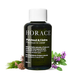 HORACE Aceite para barba Patchouli y Cedro en botella, hidratación suave.