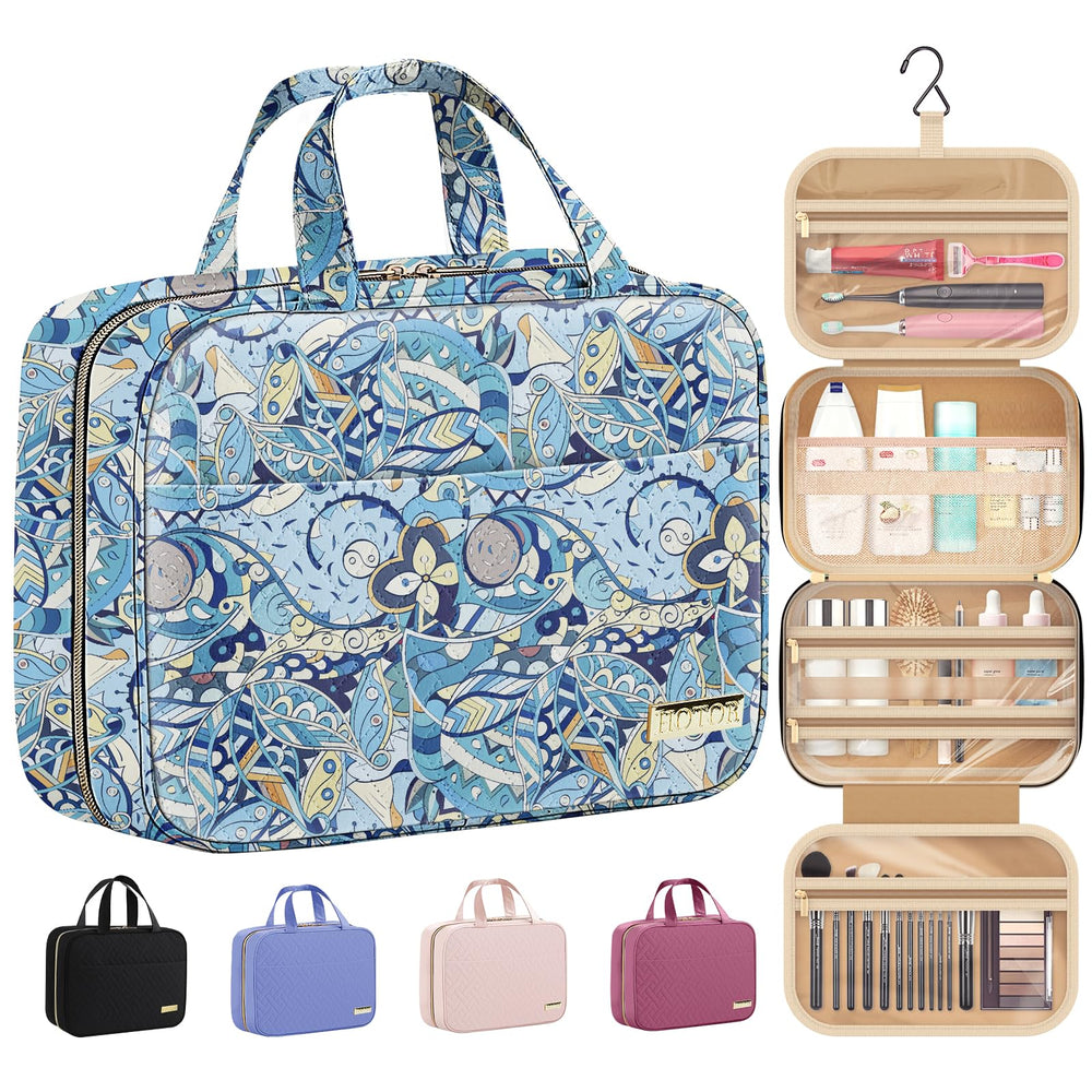 HOTOR bolsa de aseo de viaje colgante azul paisley, ideal para maquillaje y artículos de higiene.