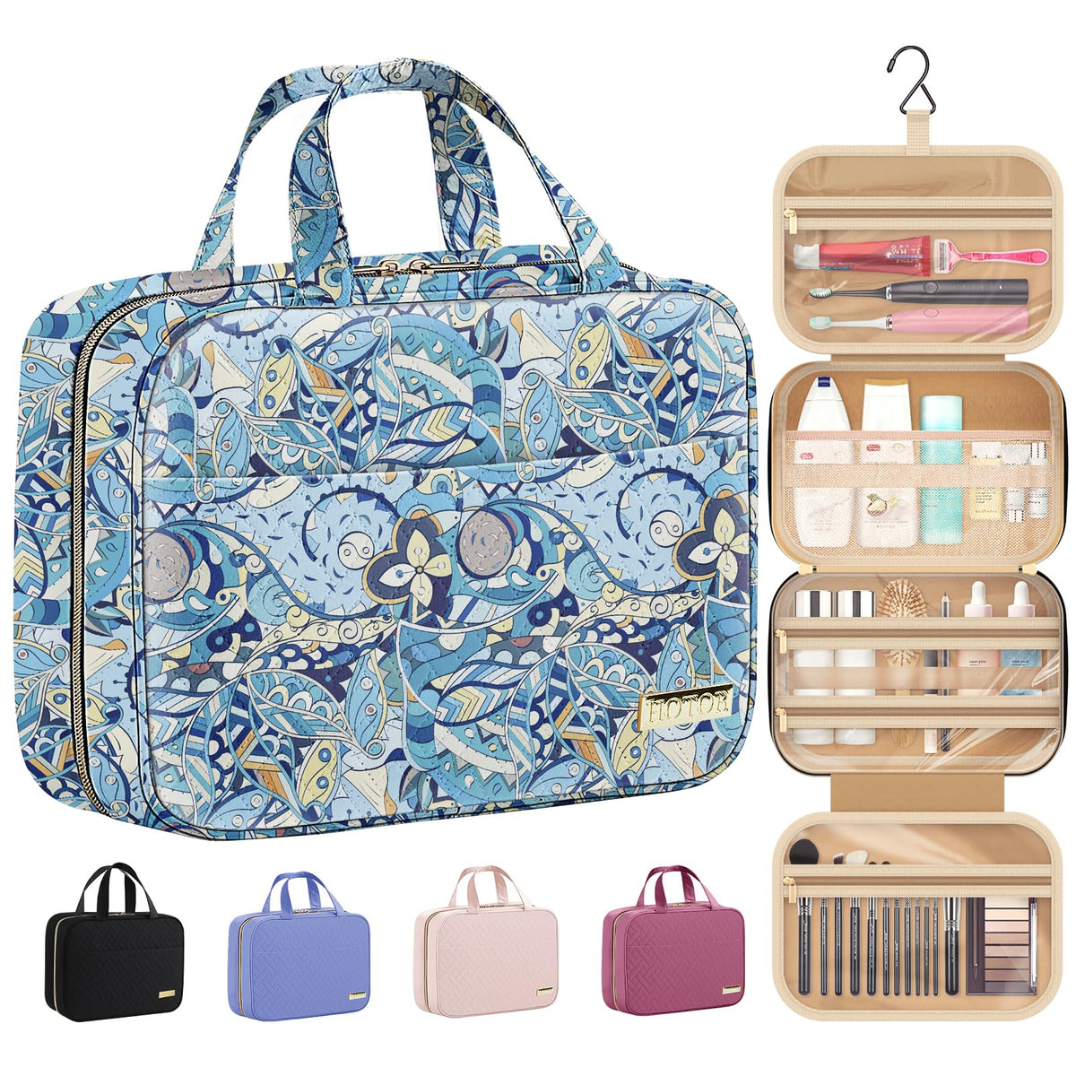 HOTOR bolsa de aseo de viaje colgante azul paisley, ideal para maquillaje y artículos de higiene.