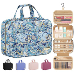 HOTOR bolsa de aseo de viaje colgante azul paisley, ideal para maquillaje y artículos de higiene.
