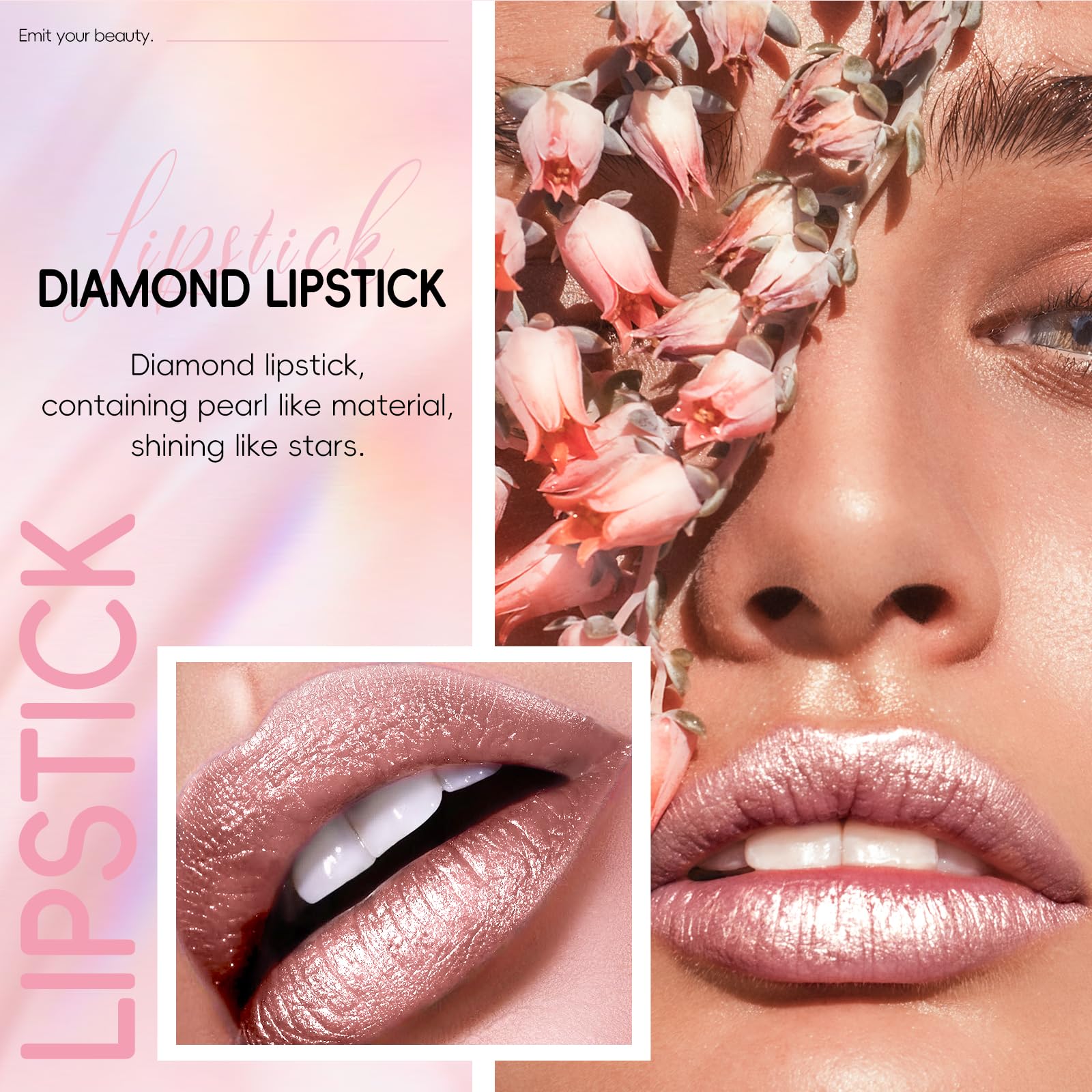 Barra de labios metálico rosa diamante de HOSAILY, acabado deslumbrante para eventos