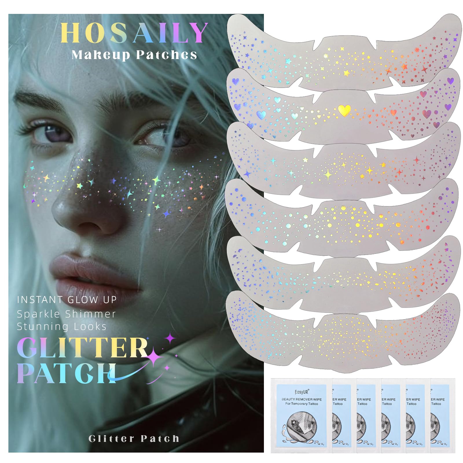 Pecas holográficas de HOSAILY para un look de fiesta con brillo iridiscente.