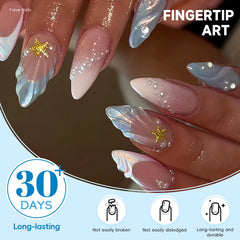 Uñas falsas brillantes en azul y blanco con degradado.