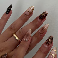 Uñas postizas HOSAILY Brown Flower Ombre con brillo dorado para uso diario