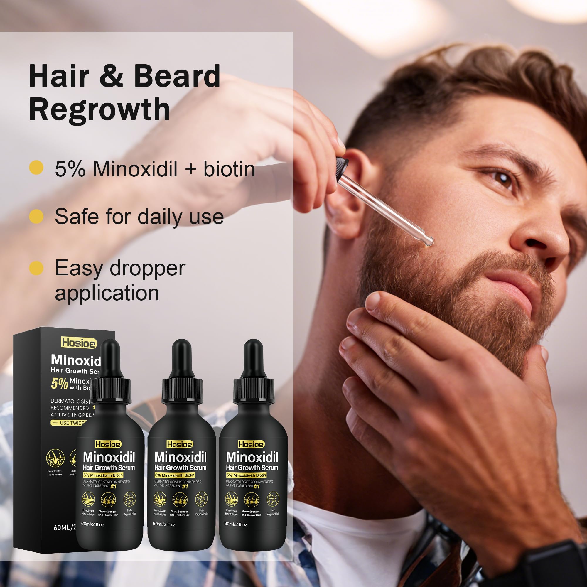 Hosioe Minoxidil con biotina nutre desde la raíz para cabello fuerte.