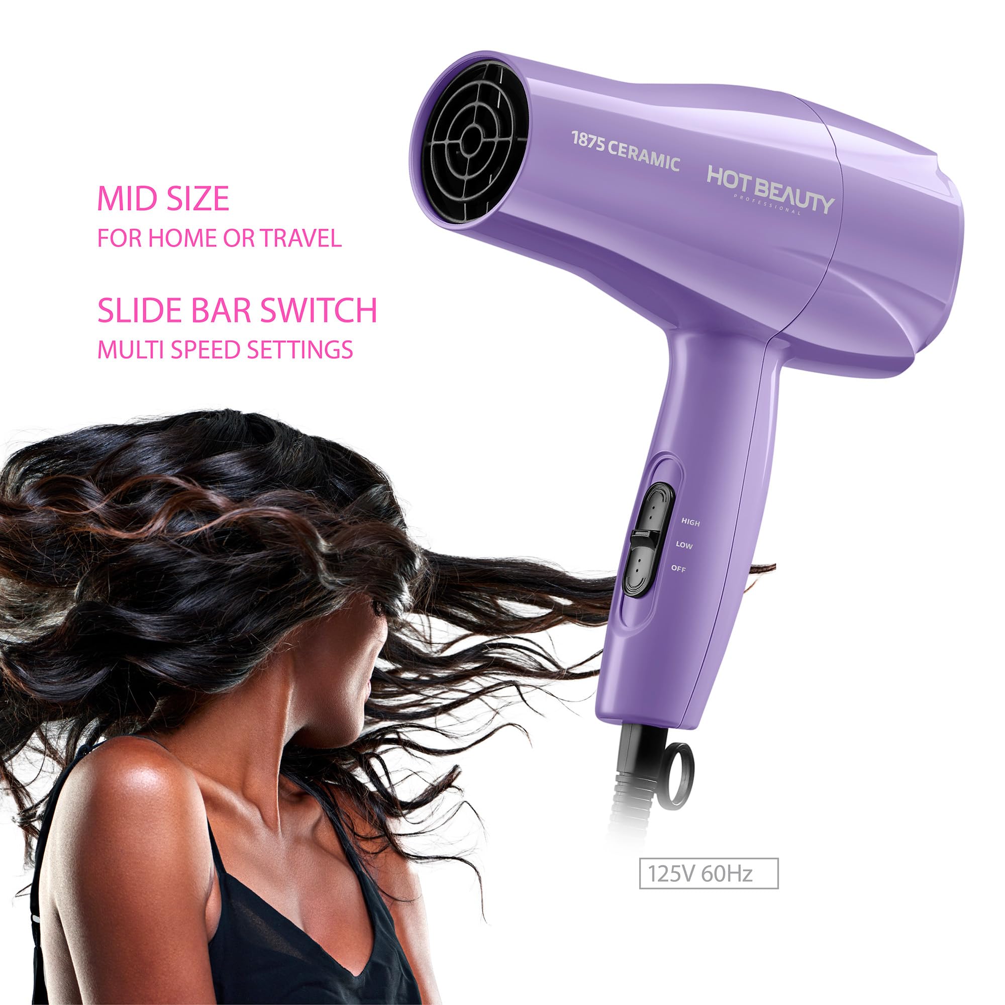 Hot Beauty 1875 control deslizante para ajustar velocidad y temperatura.