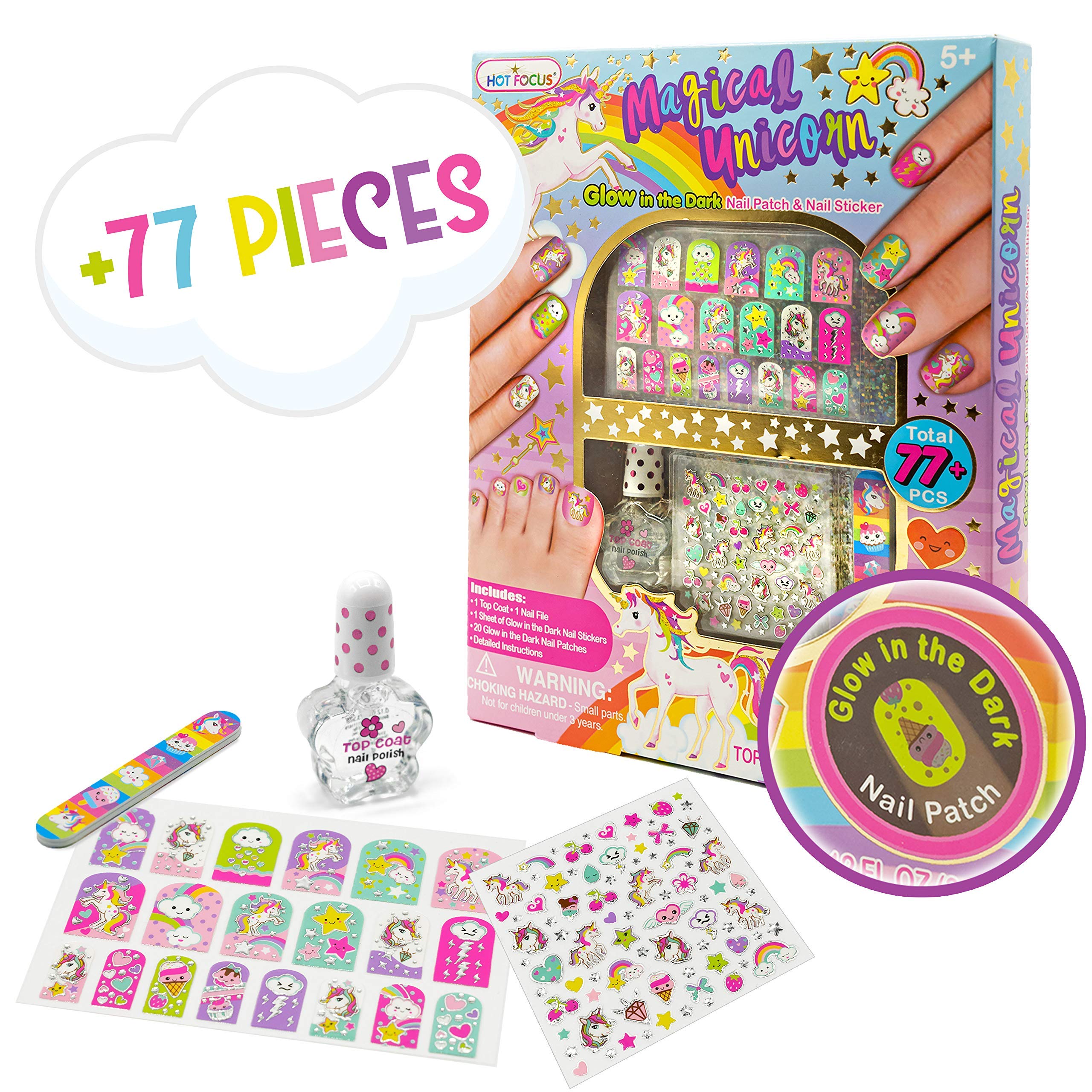 Hot Focus Kit de Uñas Unicornio: pegatinas que brillan en la oscuridad para fiestas.