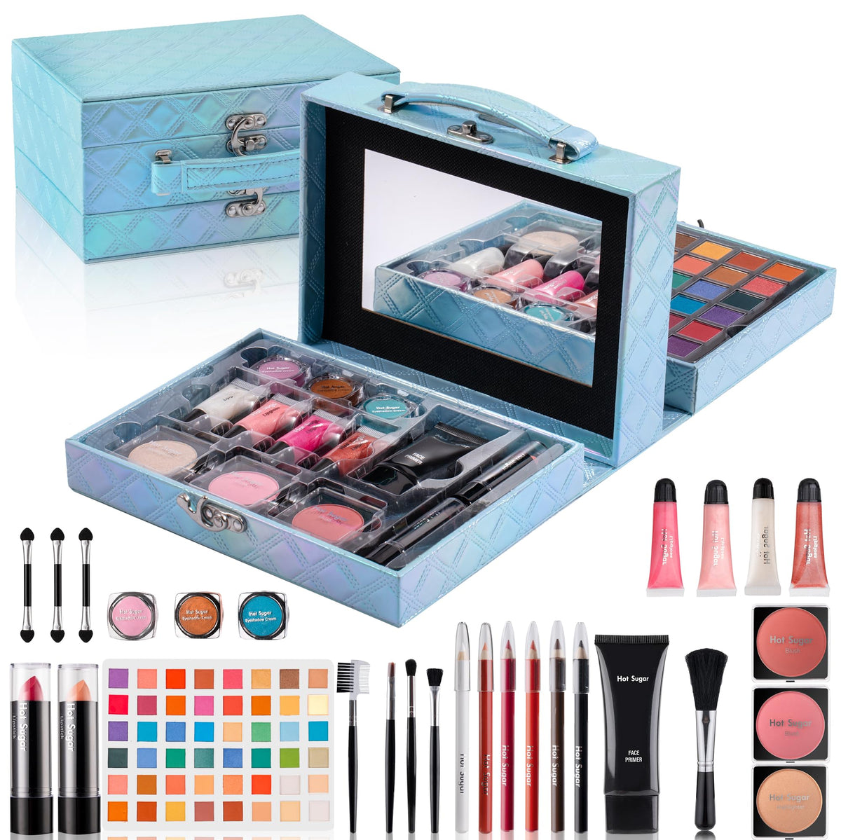 Hot Sugar Blue Diamond train case shows portable storage with a chic, diamond-pattern finish.