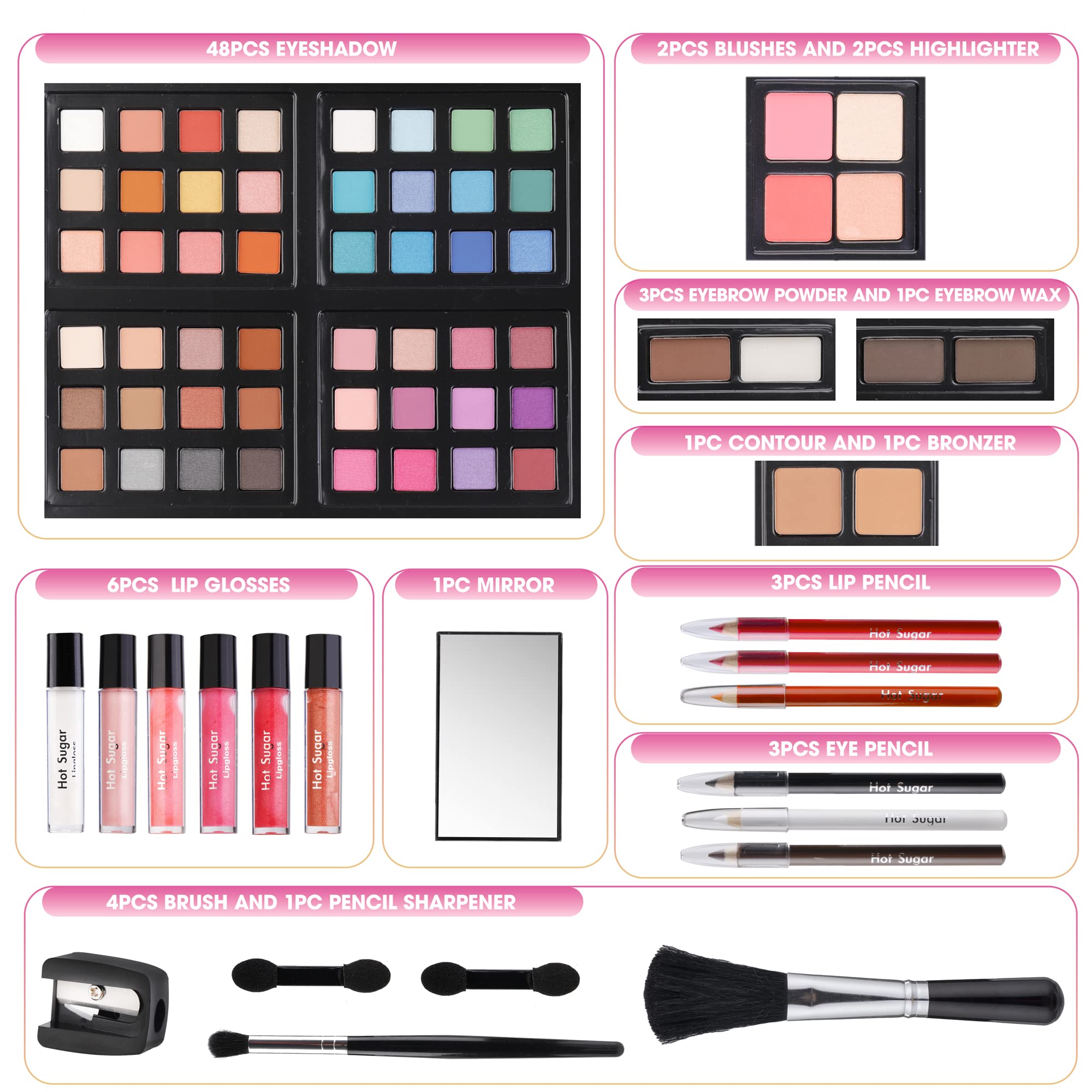 Hot Sugar brillos labiales en 6 tonos, textura suave para acabado brillante.