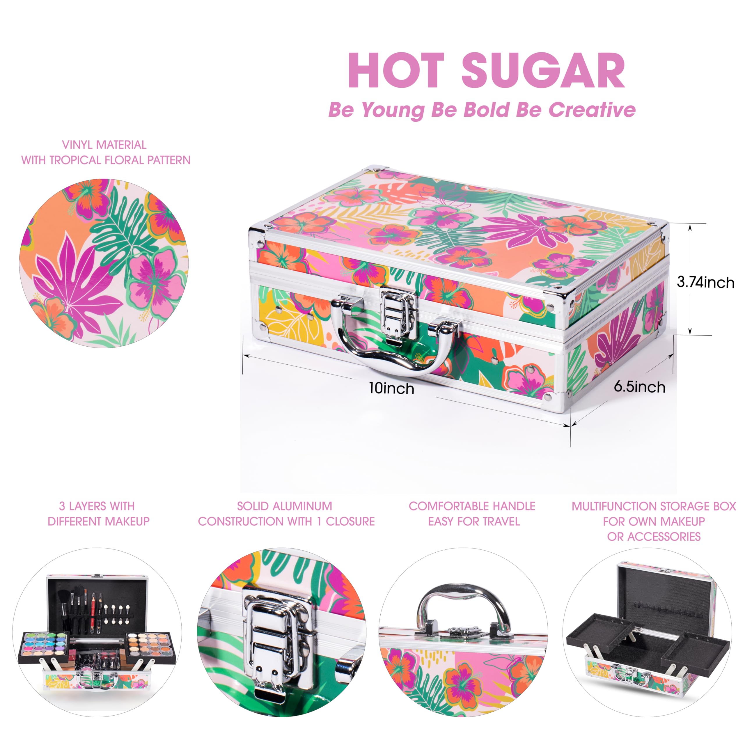 Hot Sugar estuche maquillaje portátil, aluminio reforzado, ideal para viajar y fiestas.