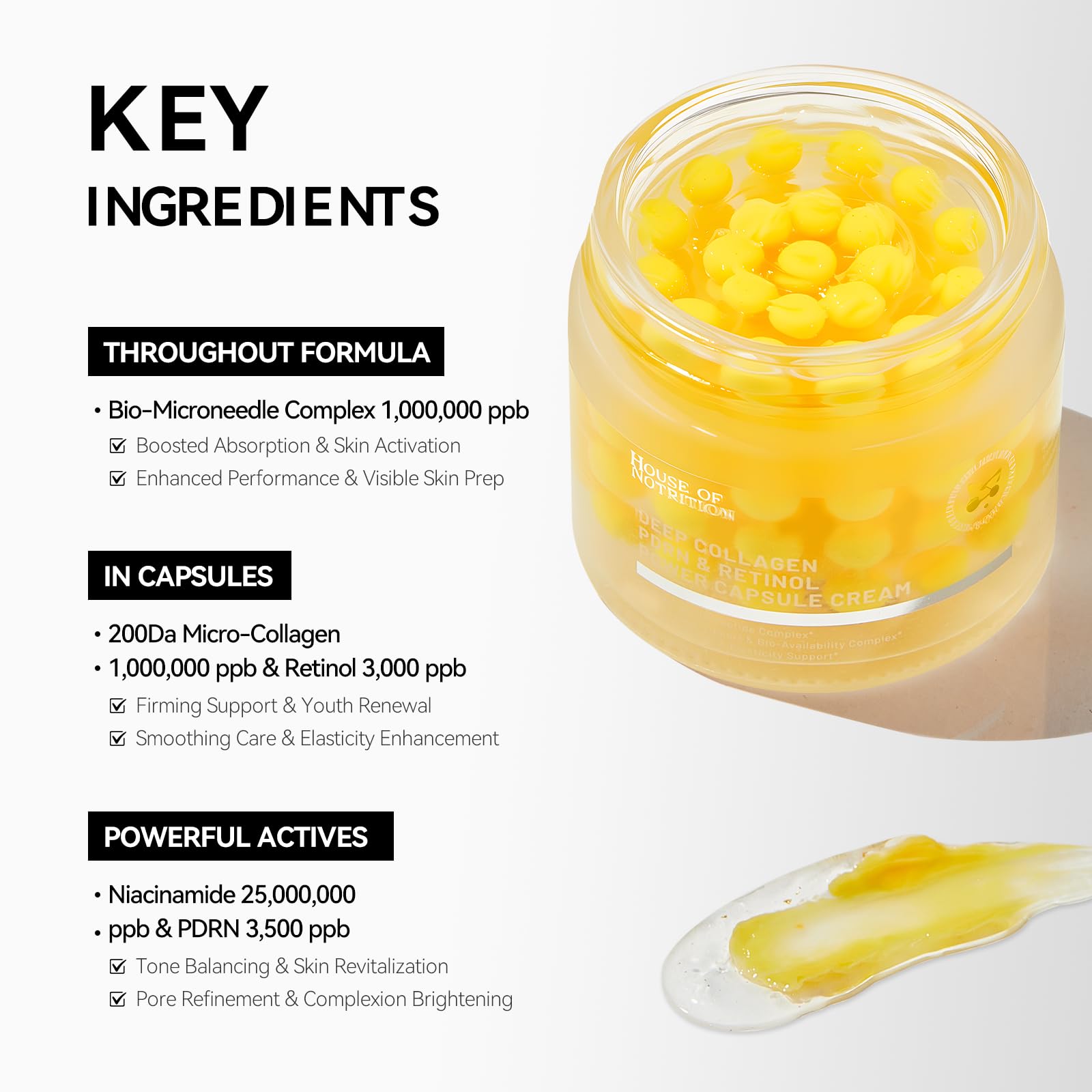 House of Nutrition Deep Collagen Capsule Cream, aplicación en mano para elasticidad suave.