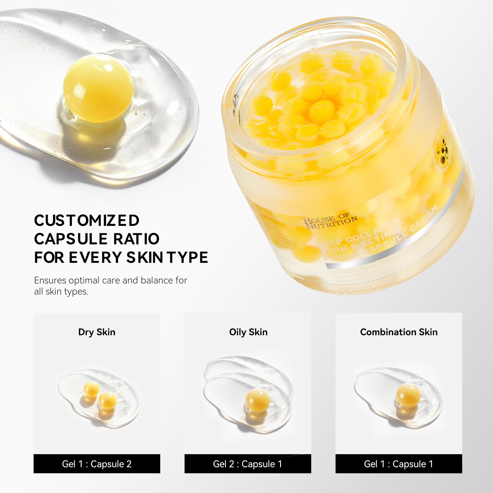 House of Nutrition Deep Collagen Capsule Cream, niacinamida para tono uniforme y poros más finos.