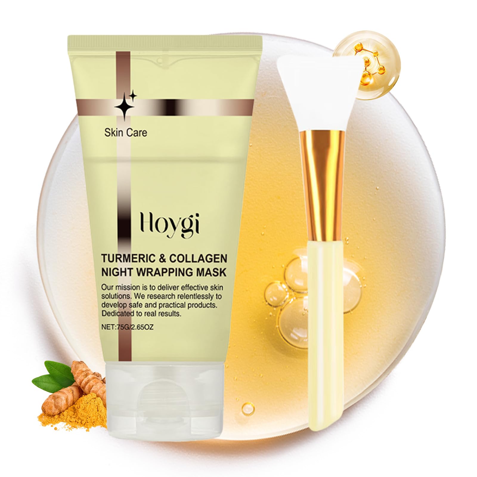 HOYGI Mascarilla cúrcuma y colágeno en empaque, ideal para cuidado diario.