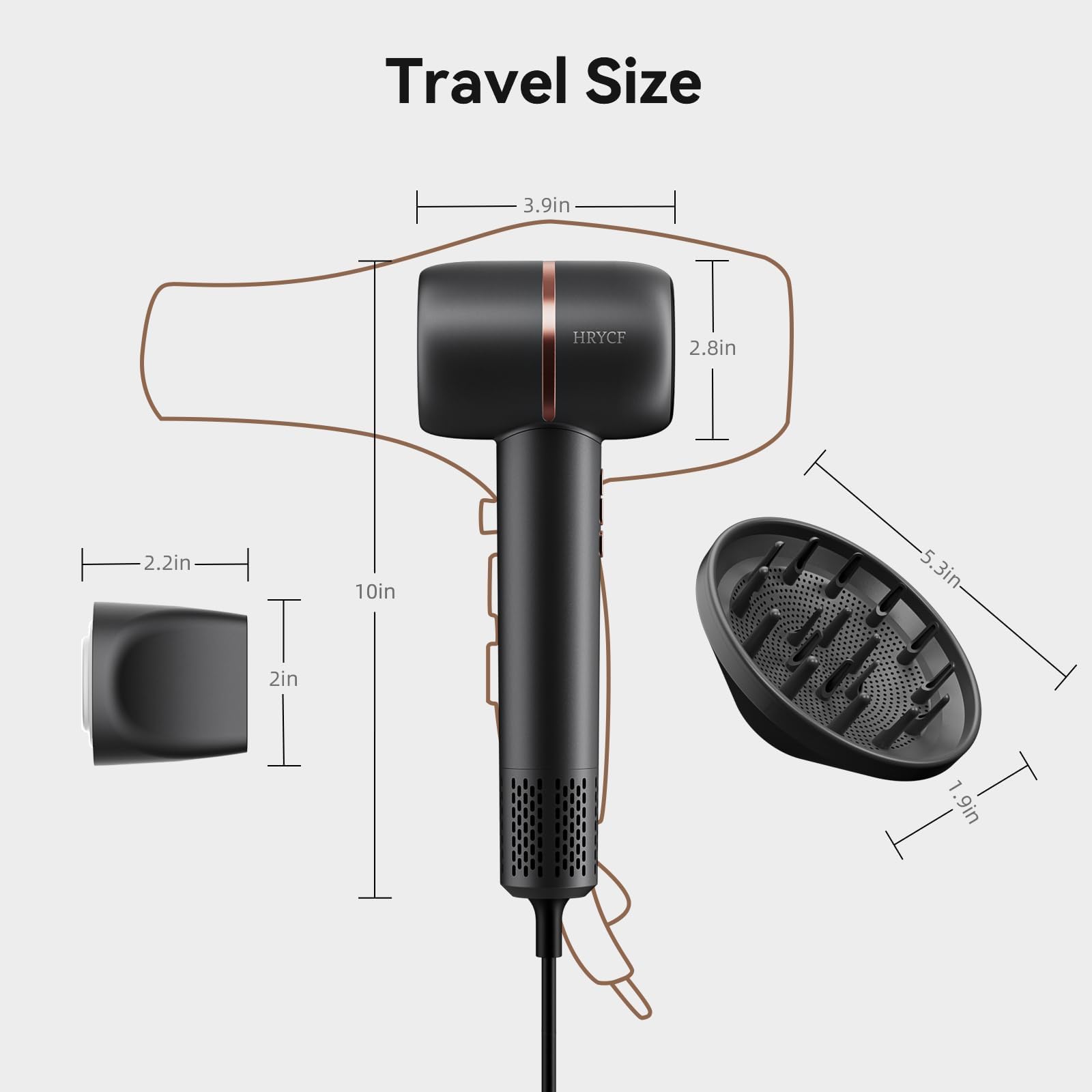 HRYCF secador ligero y silencioso, ideal para uso en casa o viaje