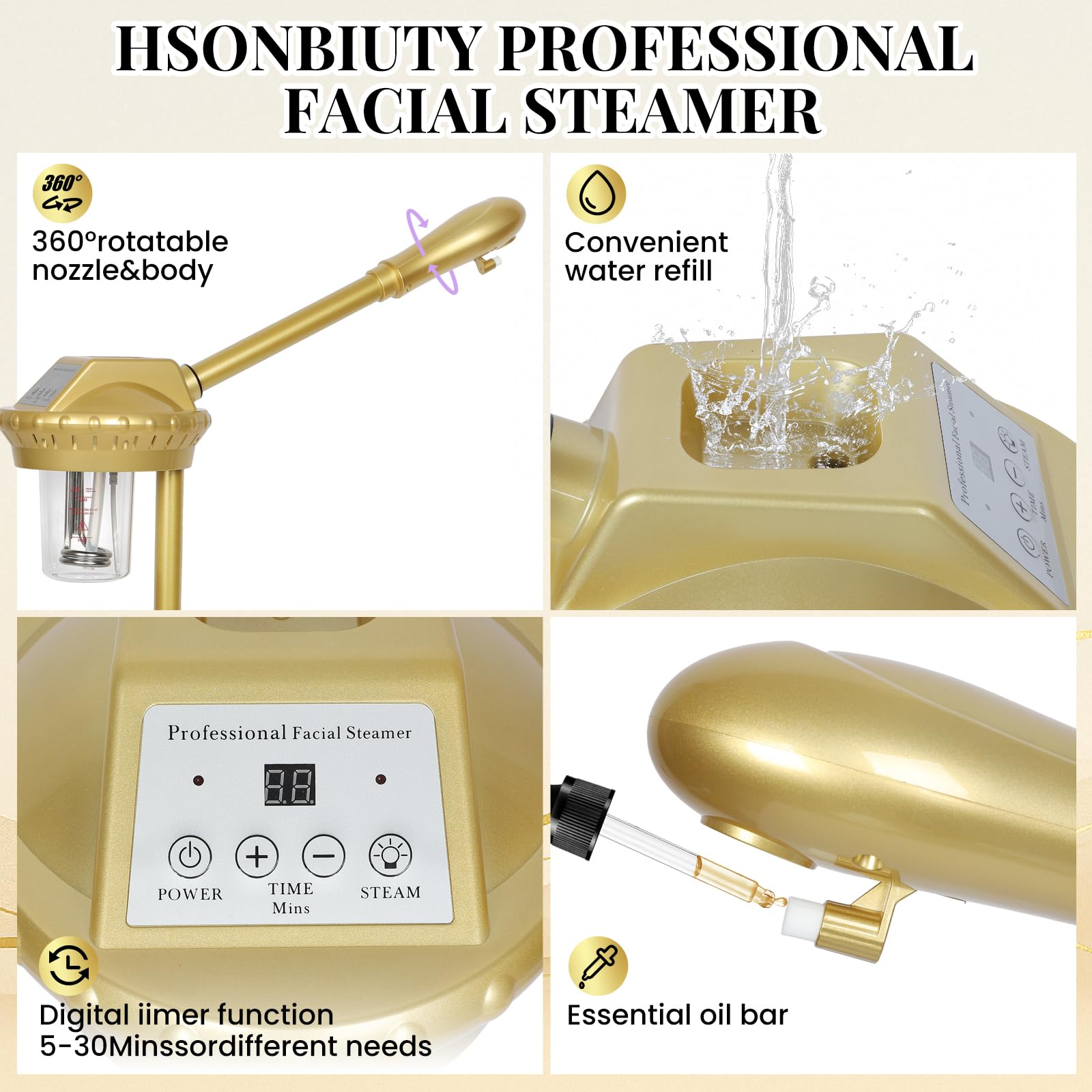 Vaporizador facial HSONBIUTY, boquilla 360 grados para vapor uniforme.