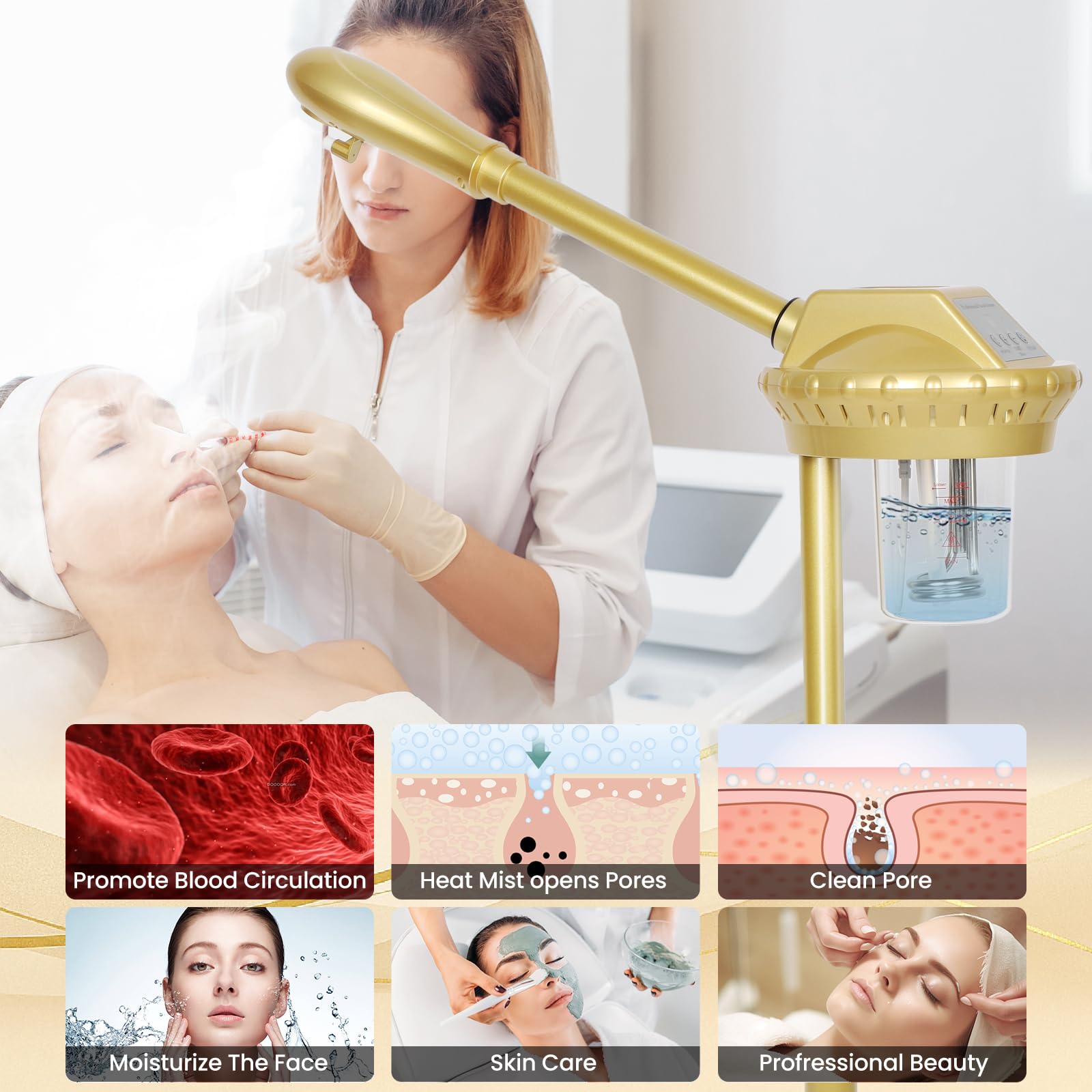 Vaporizador facial HSONBIUTY, cubeta de 650 ml para uso continuo.