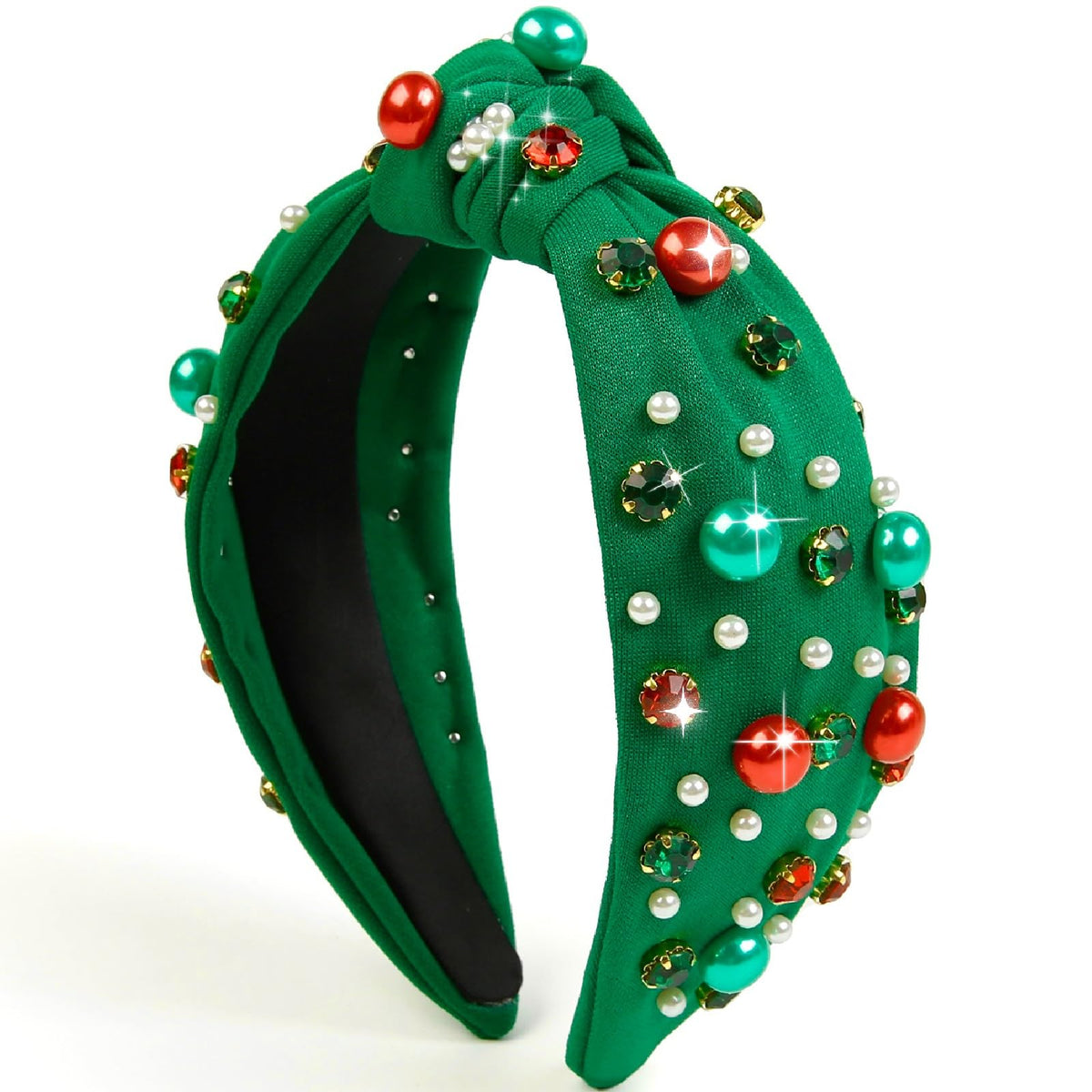 Diadema Huachi para Navidad con nudo, perlas y cristales que añade brillo festivo.