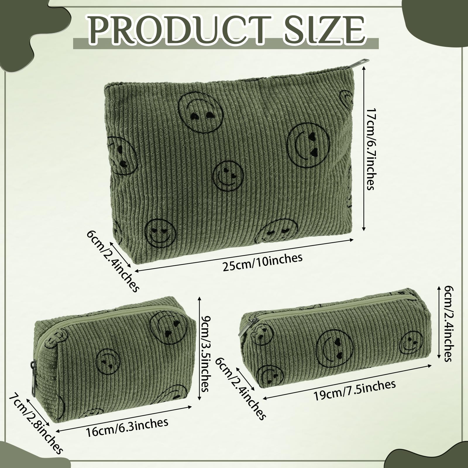 Bolsa Huhumy corduroy verde militar con sonrisa, ideal para cosméticos.