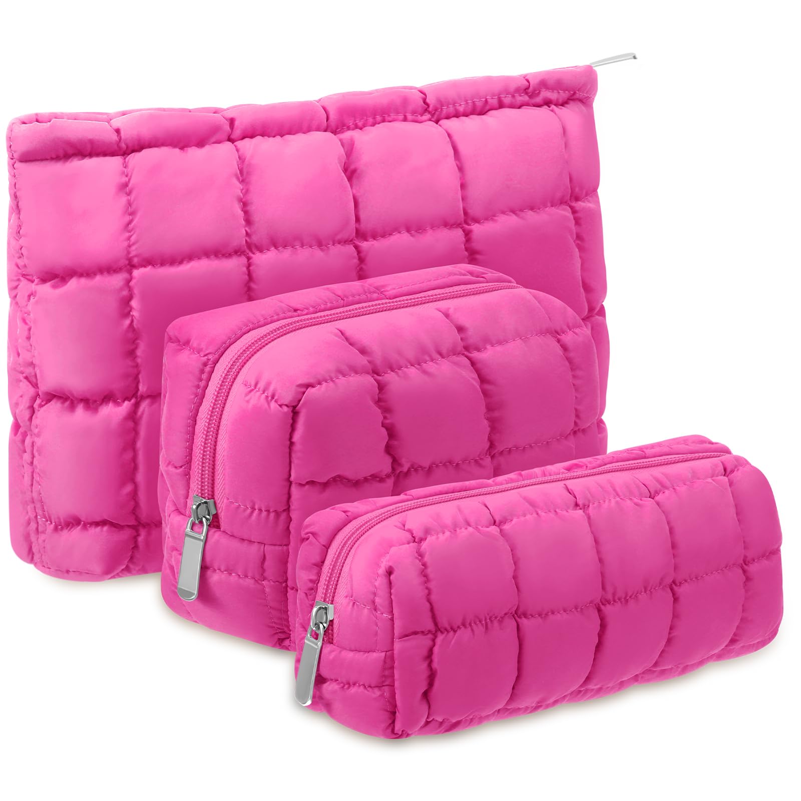 Huhumy bolsa maquillaje acolchada rosa intenso, vista frontal, ideal para transporte diario