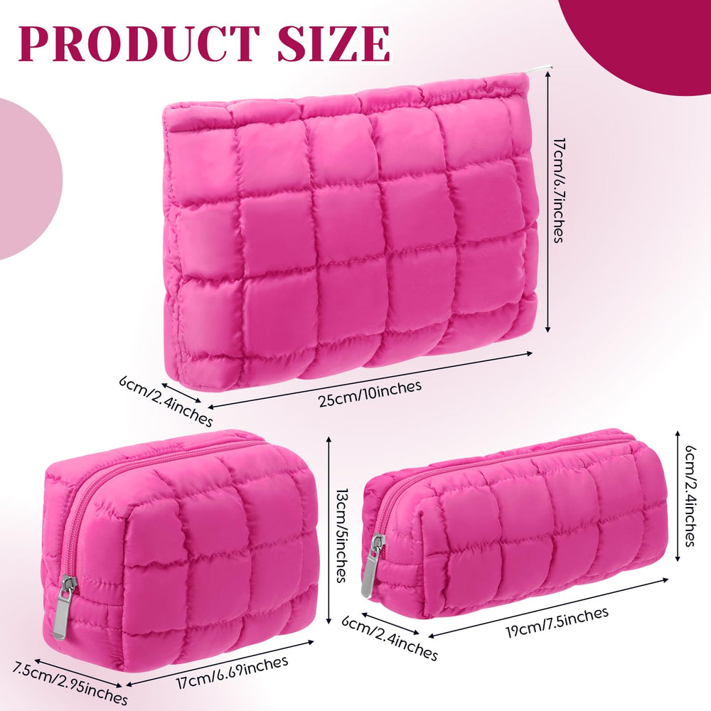 Huhumy bolsa maquillaje acolchada rosa intenso, textura cuadriculada, elegante para salidas