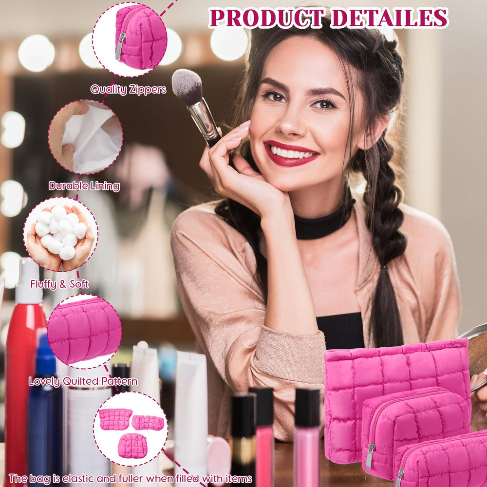 Huhumy bolsa maquillaje acolchada rosa intenso, muestra los tres tamaños para organización