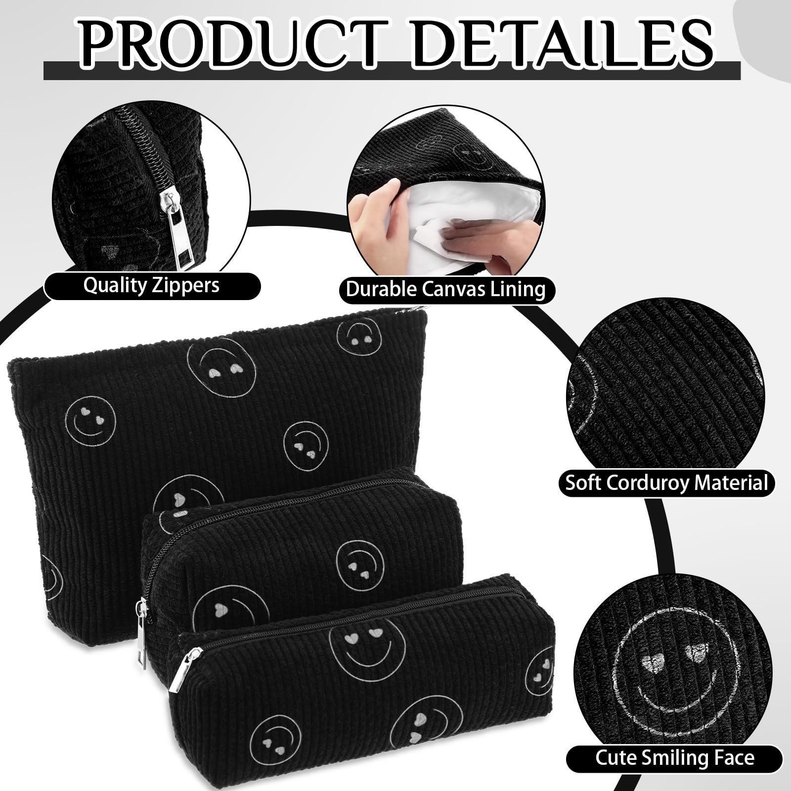 Set de tres bolsos en pana negro, perfectos para clasificar productos de viaje.