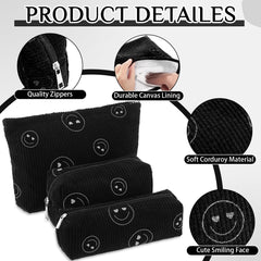 Set de tres bolsos en pana negro, perfectos para clasificar productos de viaje.